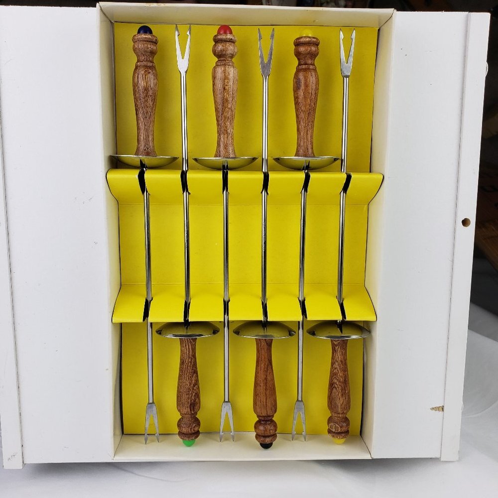 Vtg 6 Piece Fondue Forks Set Stainless